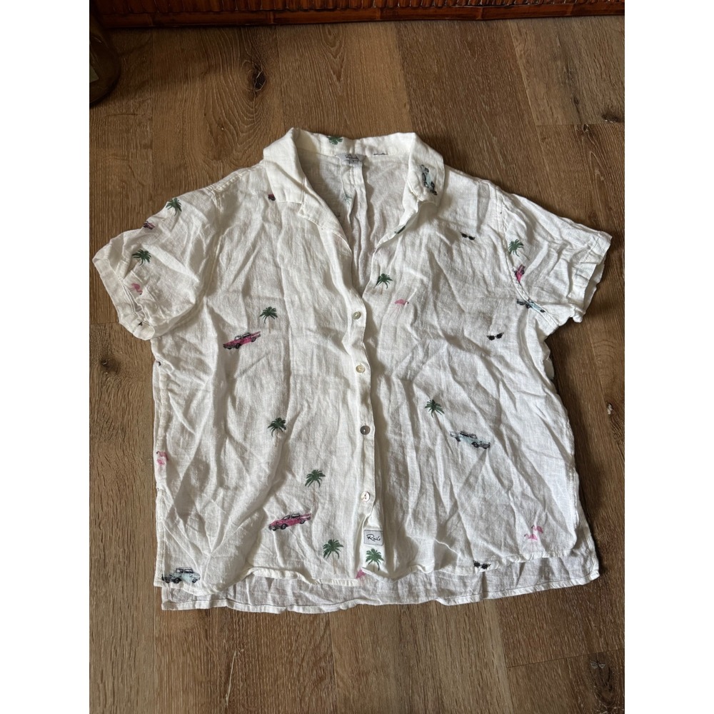 Rails White Zuma Retro Cali Linen Blend Tropical Palm Tree Car Shirt Size S